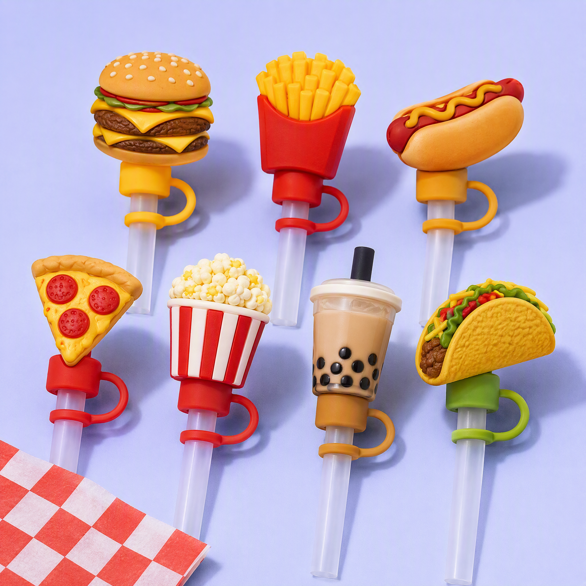 Custom Fast Food & Boba Silicone Straw Covers for Stanley Cup 30 & 40 oz · 3D Burger, Fries & Pizza Straw Toppers Wholesale