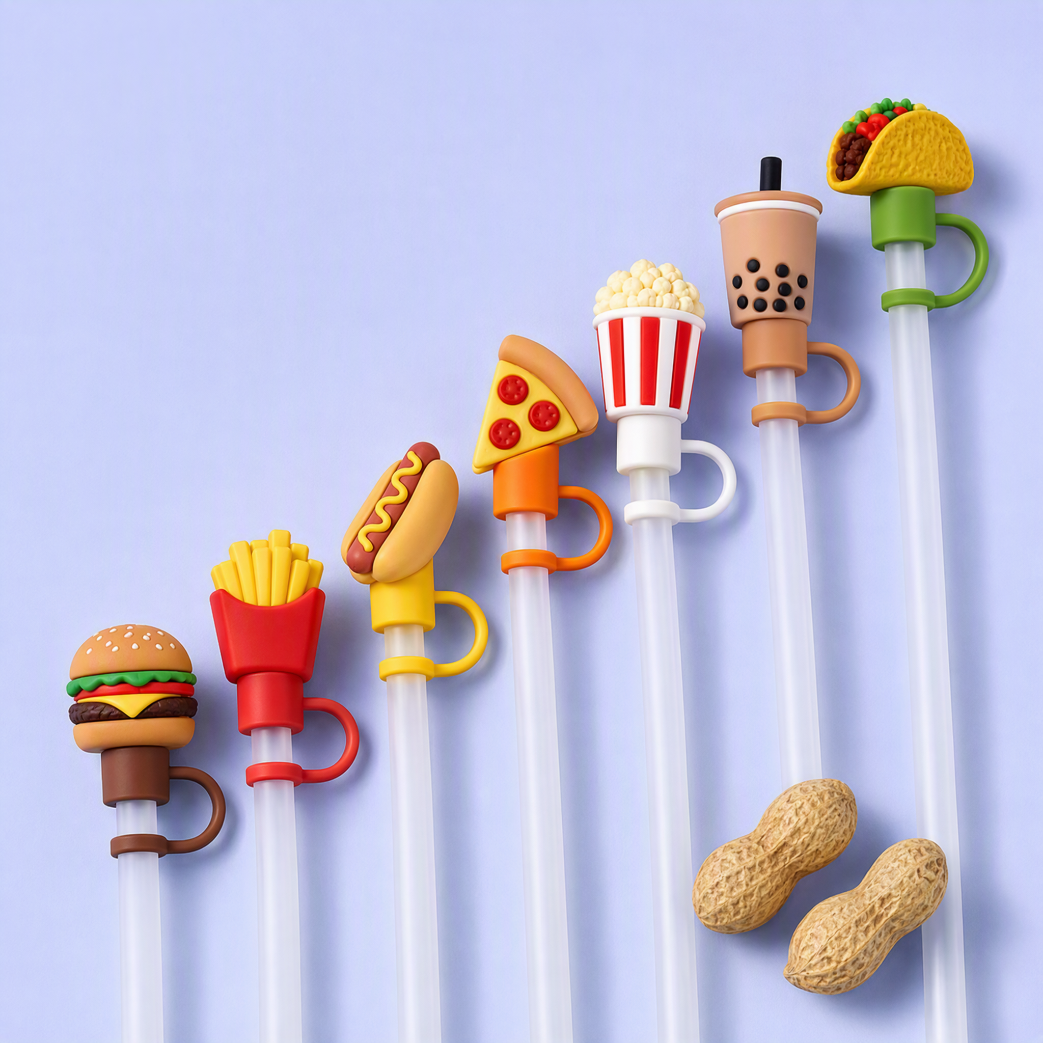 Custom Fast Food & Boba Silicone Straw Covers for Stanley Cup 30 & 40 oz · 3D Burger, Fries & Pizza Straw Toppers Wholesale