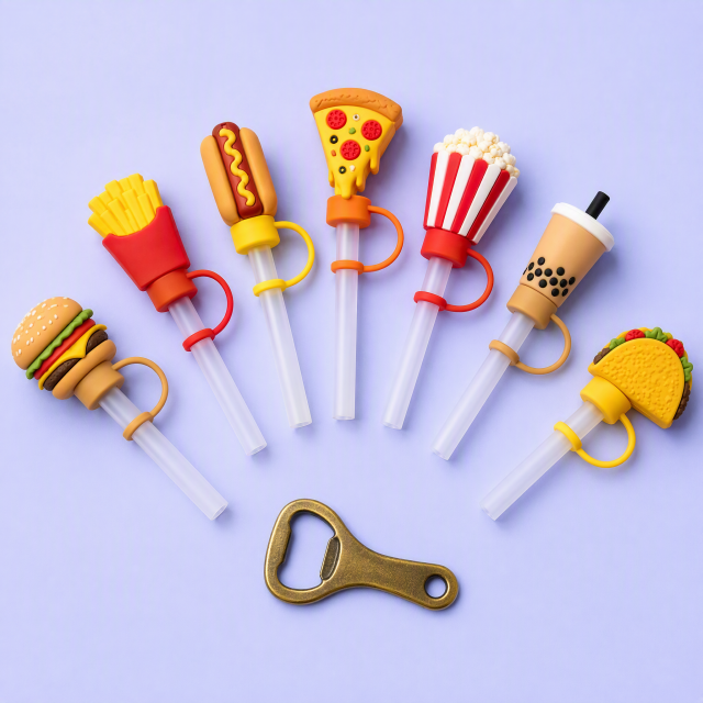 Custom Fast Food & Boba Silicone Straw Covers for Stanley Cup 30 & 40 oz · 3D Burger, Fries & Pizza Straw Toppers Wholesale