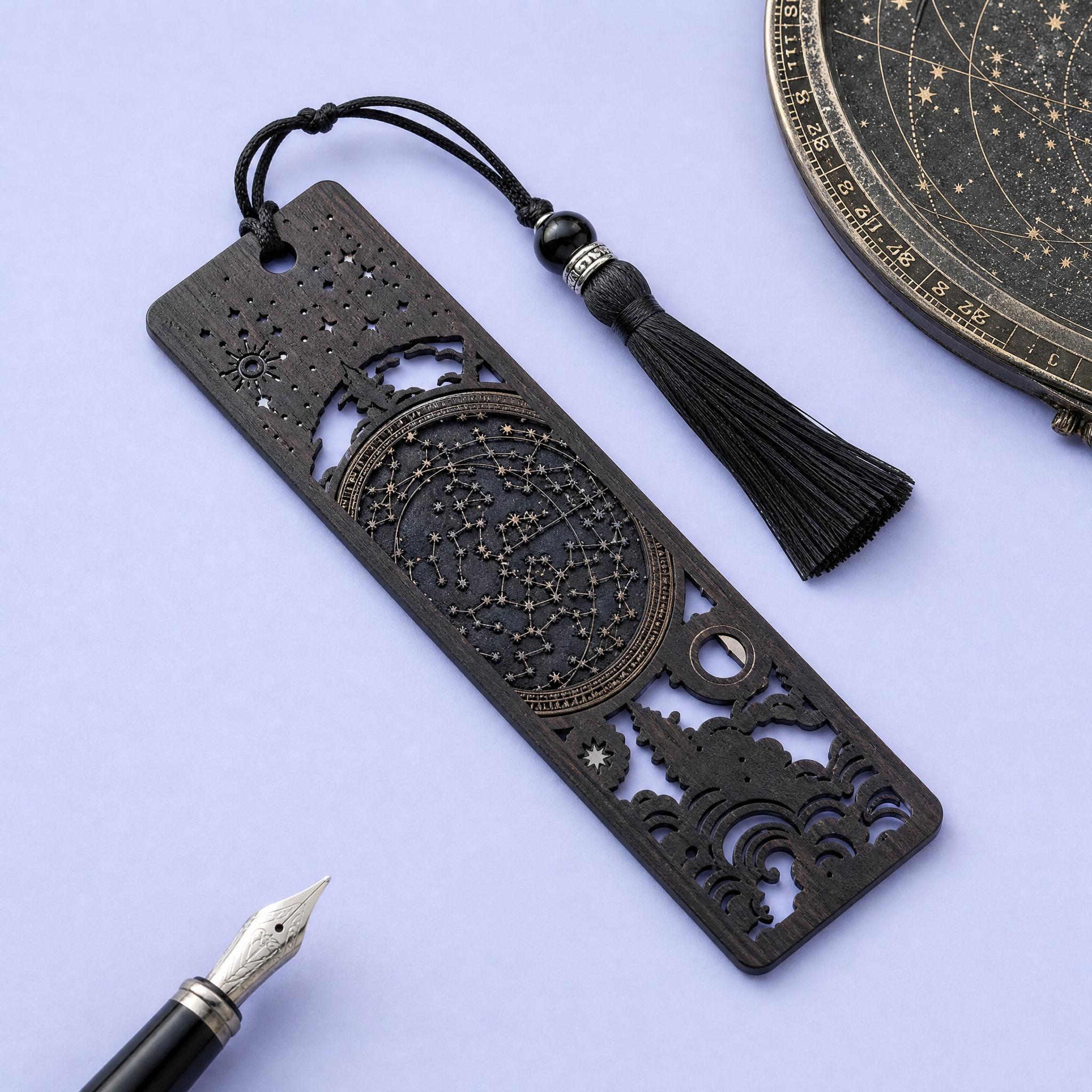 Custom Natural Wood, Bamboo & Magnetic Bookmarks · Carved Ebony, Bamboo Filigree & Moon Phase Page Markers Wholesale