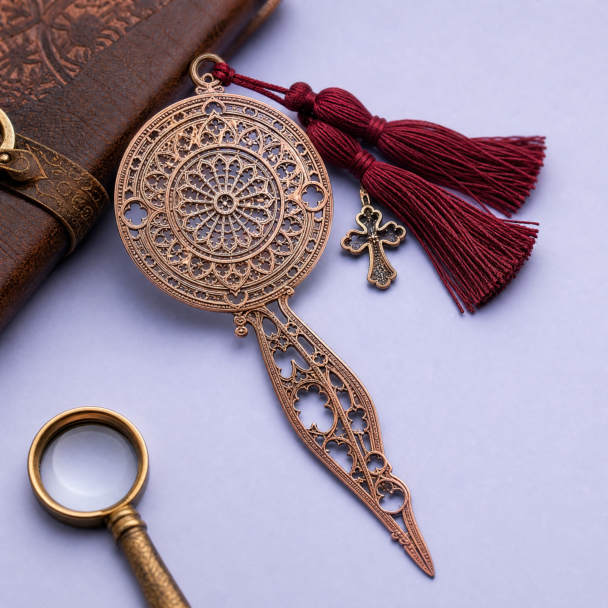 Custom Photo-Etched Metal Filigree Bookmarks · Gothic Rose Window, Botanical & Skyline Page Markers Wholesale