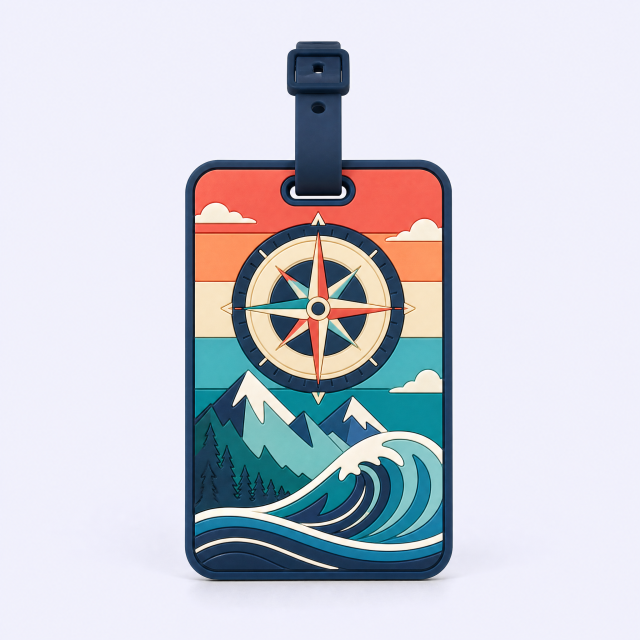Custom 3D Soft PVC Travel Luggage Tags · Retro Compass Rose, Mountain & Wave Suitcase Identifiers Wholesale