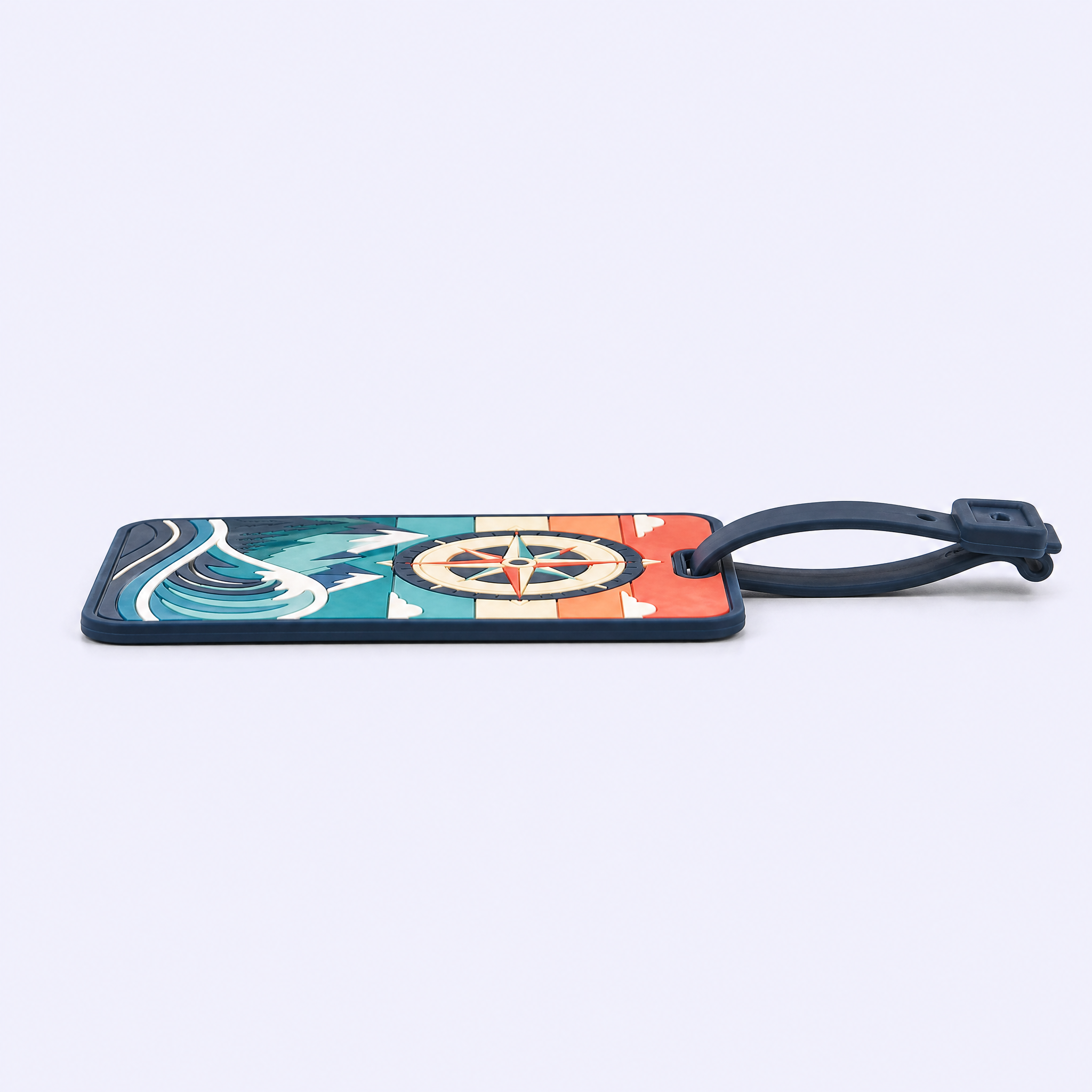 Custom 3D Soft PVC Travel Luggage Tags · Retro Compass Rose, Mountain & Wave Suitcase Identifiers Wholesale
