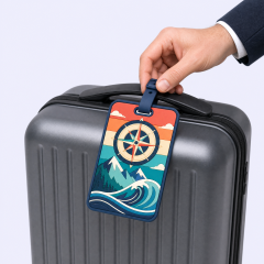 Custom 3D Soft PVC Travel Luggage Tags · Retro Compass Rose, Mountain & Wave Suitcase Identifiers Wholesale