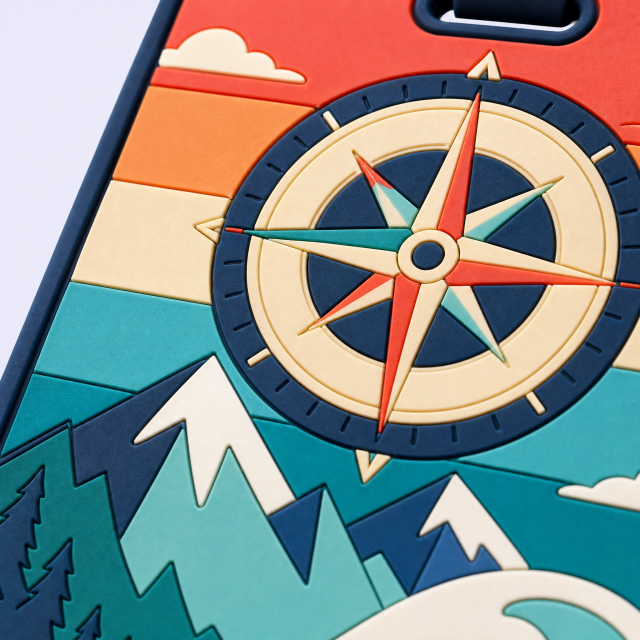 Custom 3D Soft PVC Travel Luggage Tags · Retro Compass Rose, Mountain & Wave Suitcase Identifiers Wholesale