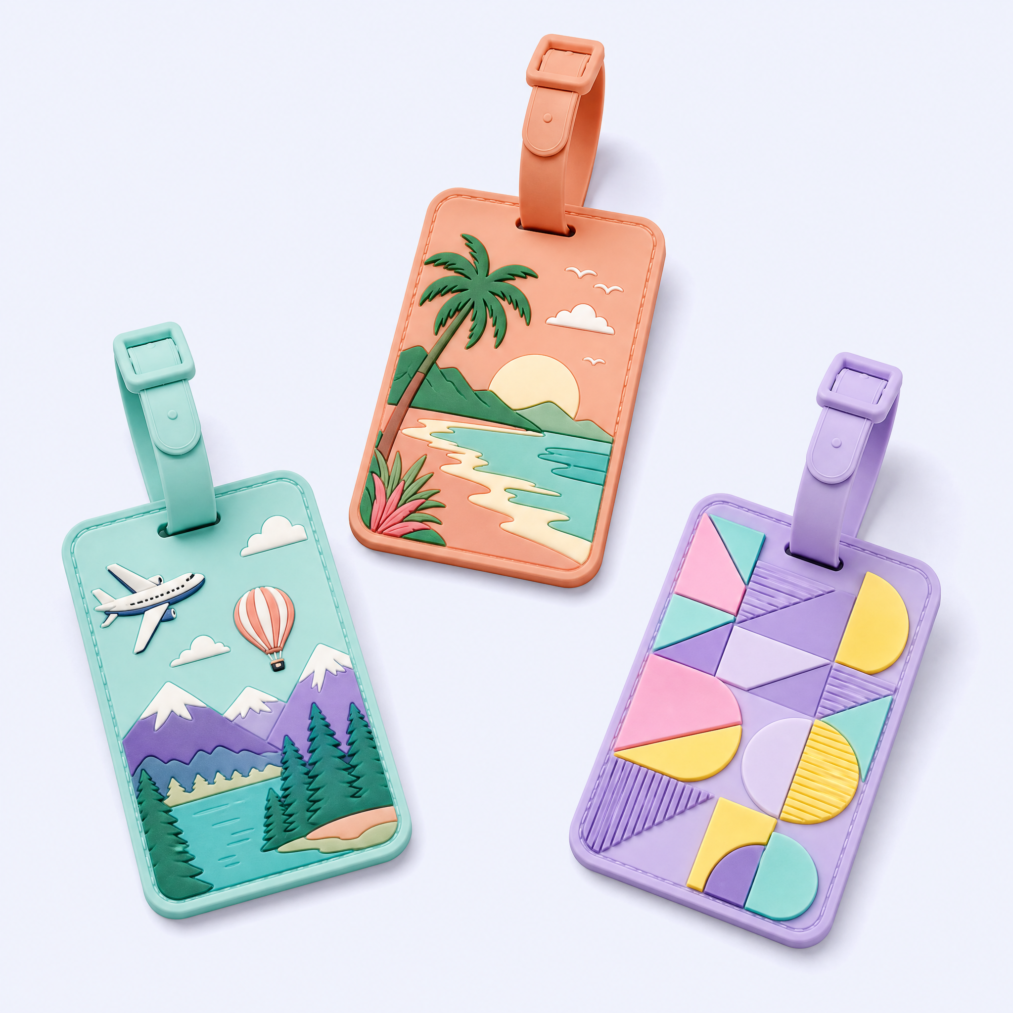 Custom 3D Soft PVC Pastel Memphis Luggage Tags · Macaron Geometric & Holiday Landscape Travel Bag Identifiers Wholesale