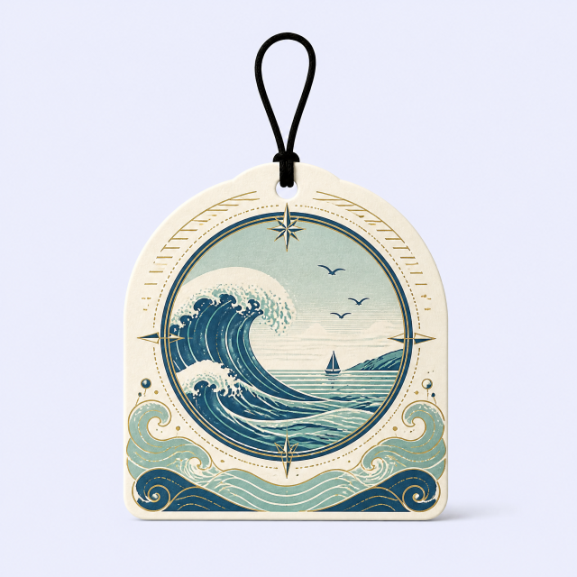 Custom Nautical Ocean Wave & Compass Car Air Freshener Wholesale · Arched Paper Scent Diffuser Hang Tag Manufacturer