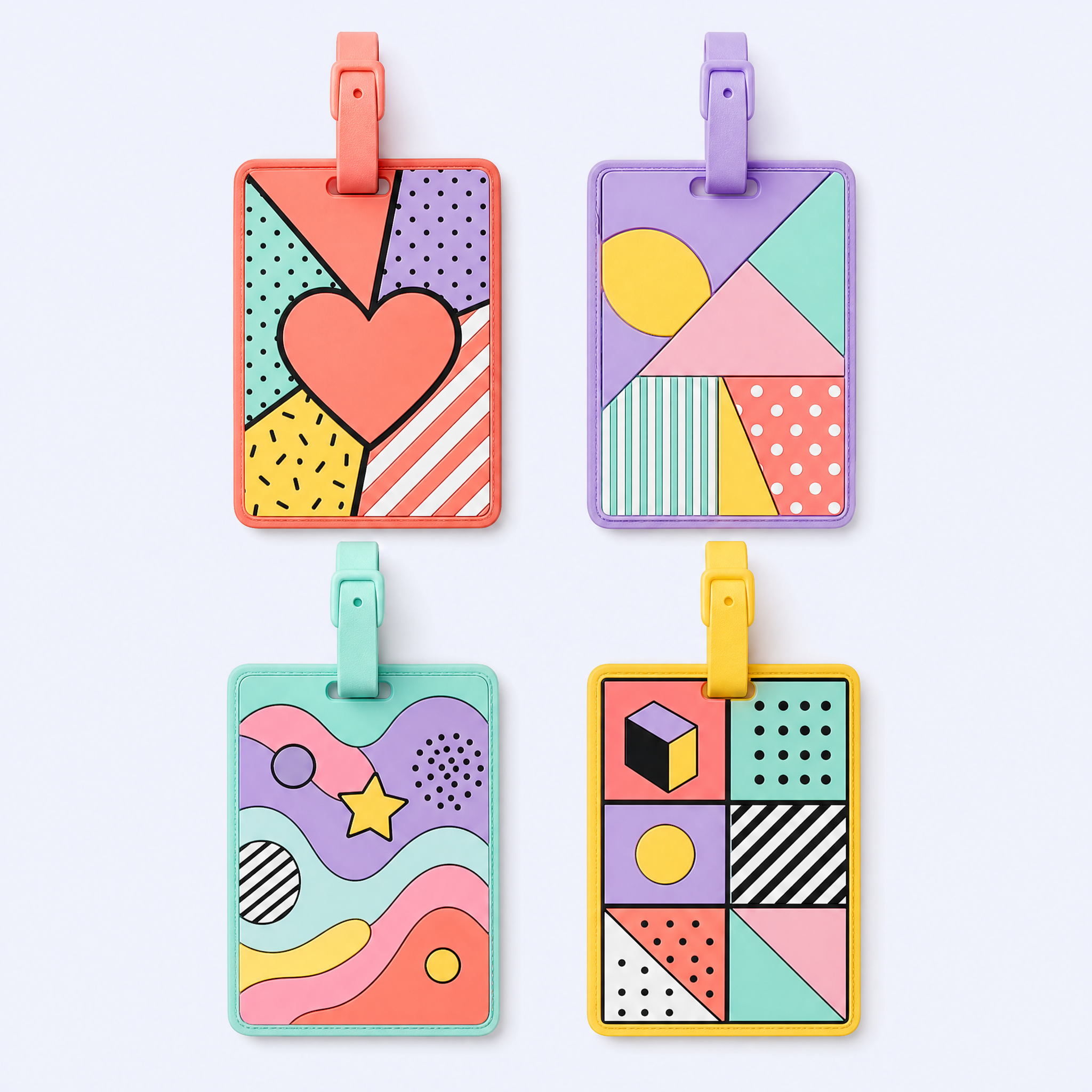 Custom 3D Soft PVC Pastel Memphis Luggage Tags · Macaron Geometric & Holiday Landscape Travel Bag Identifiers Wholesale