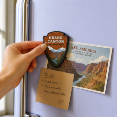 Custom 3D Soft PVC Adventure Shield Magnets · National Park Badge, Mountain Hiking & Camping Souvenir Rubber Magnets Wholesale