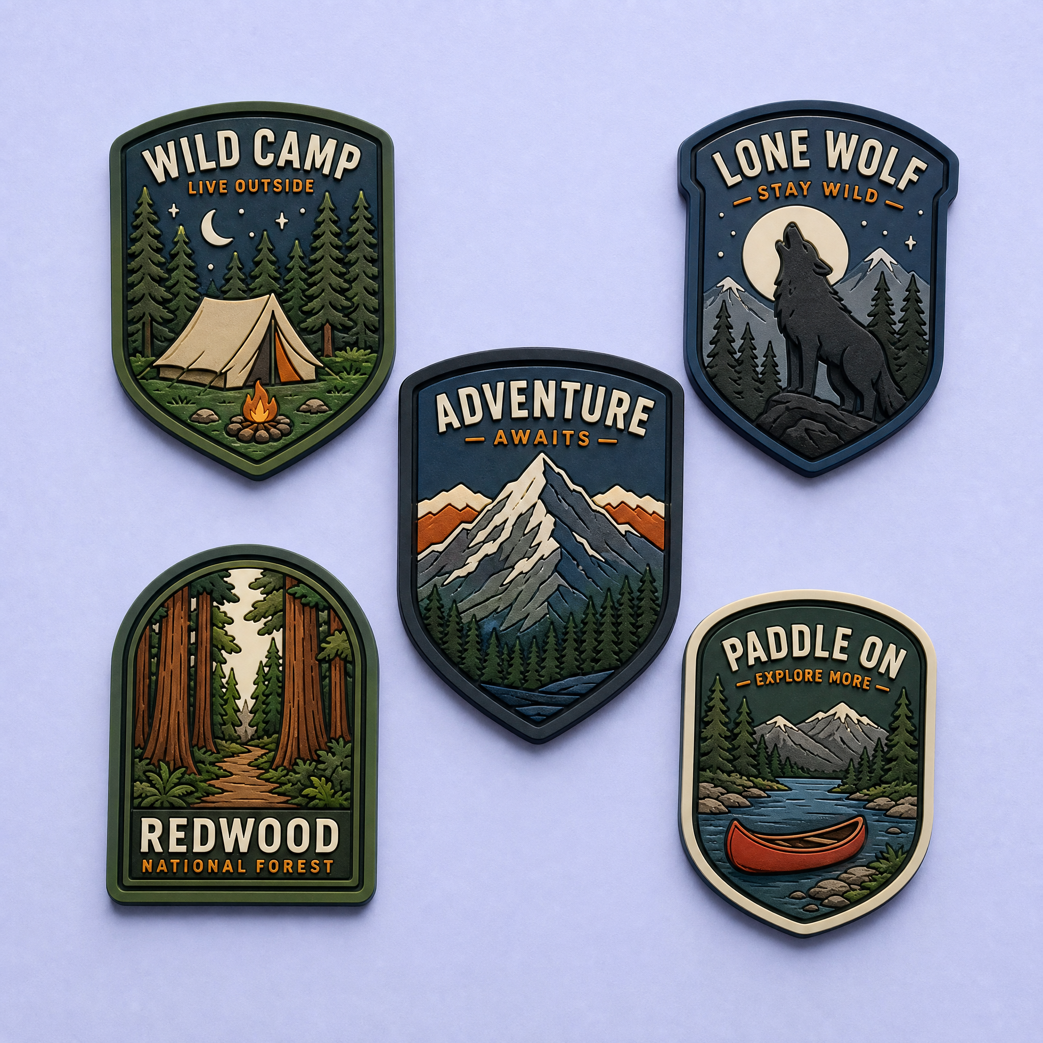 Custom 3D Soft PVC Adventure Shield Magnets · National Park Badge, Mountain Hiking & Camping Souvenir Rubber Magnets Wholesale
