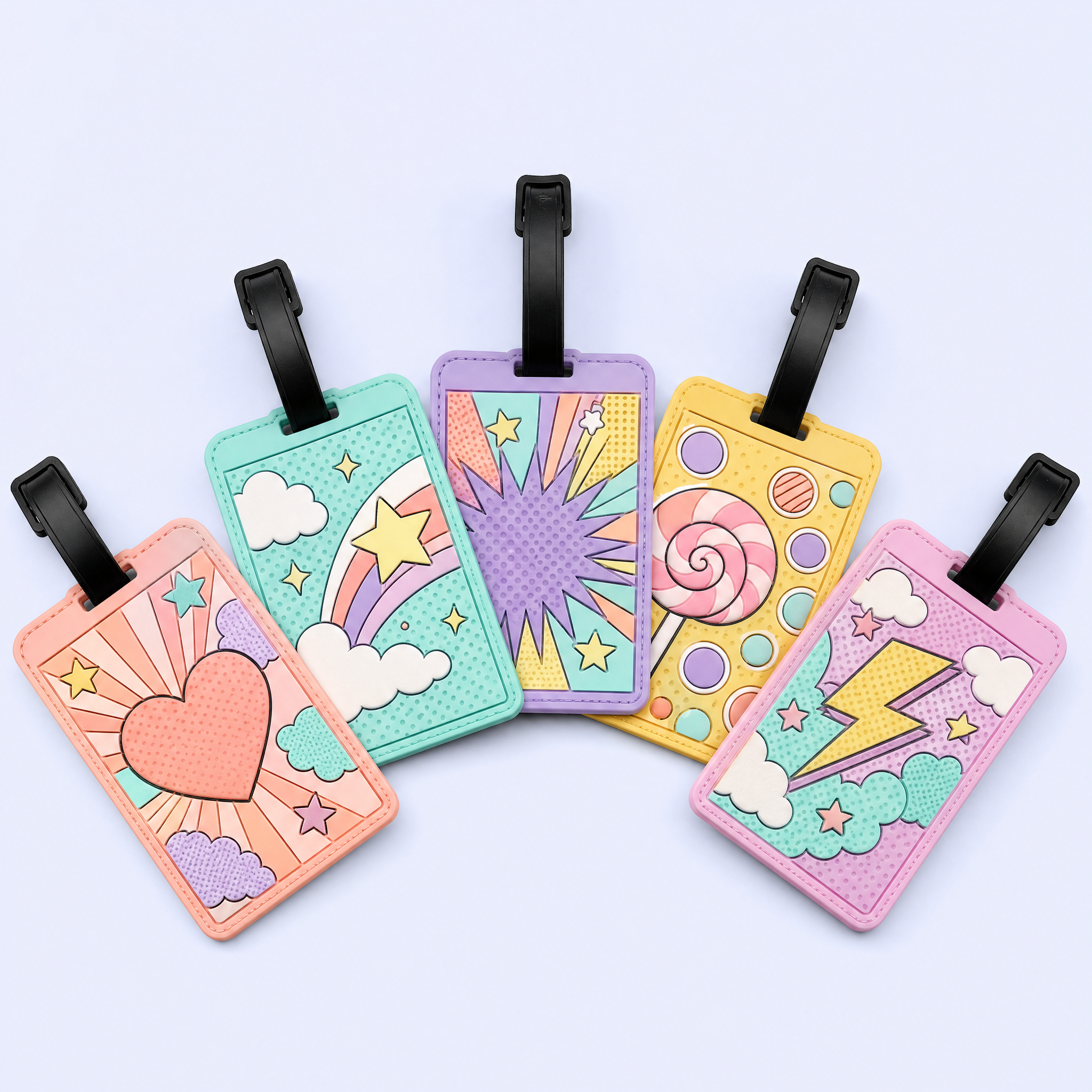 Custom 3D Soft PVC Pastel Memphis Luggage Tags · Macaron Geometric & Holiday Landscape Travel Bag Identifiers Wholesale