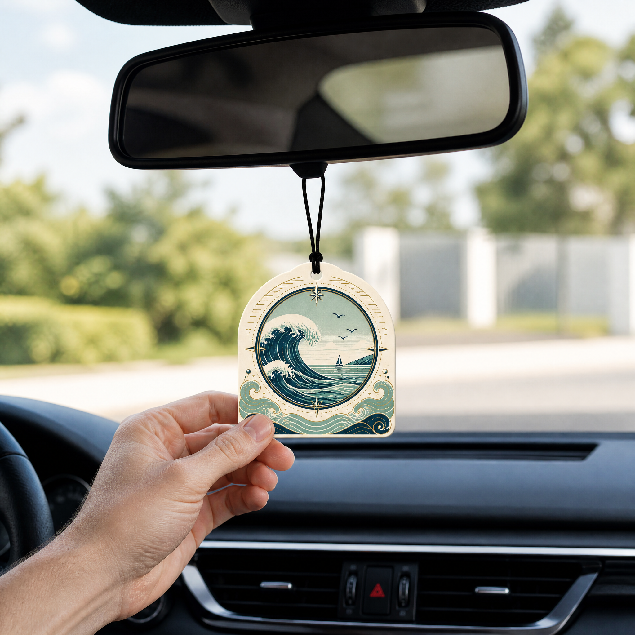 Custom Nautical Ocean Wave & Compass Car Air Freshener Wholesale · Arched Paper Scent Diffuser Hang Tag Manufacturer