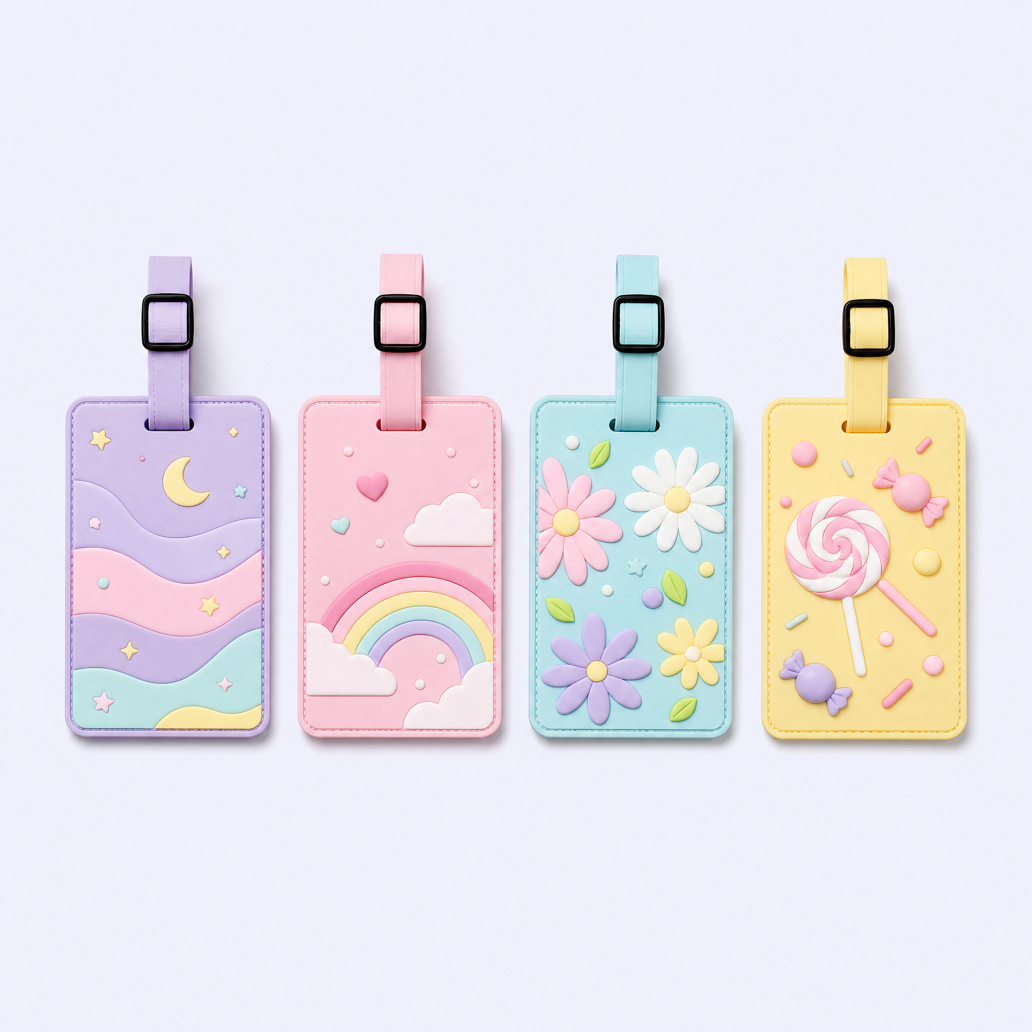 Custom 3D Soft PVC Sweet Kawaii Luggage Tags · Pastel Candy Stripe, Daisy & Rainbow Suitcase Identifiers Wholesale