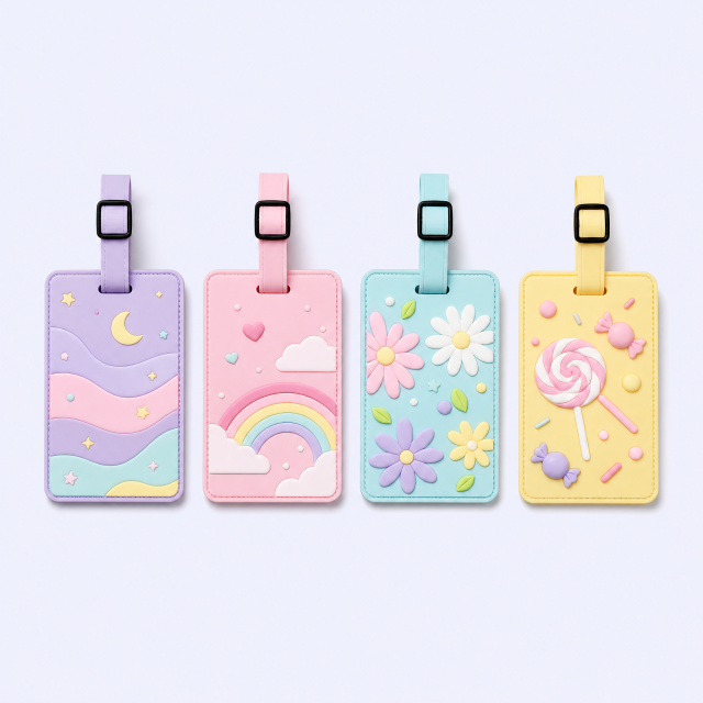 Custom 3D Soft PVC Sweet Kawaii Luggage Tags · Pastel Candy Stripe, Daisy & Rainbow Suitcase Identifiers Wholesale