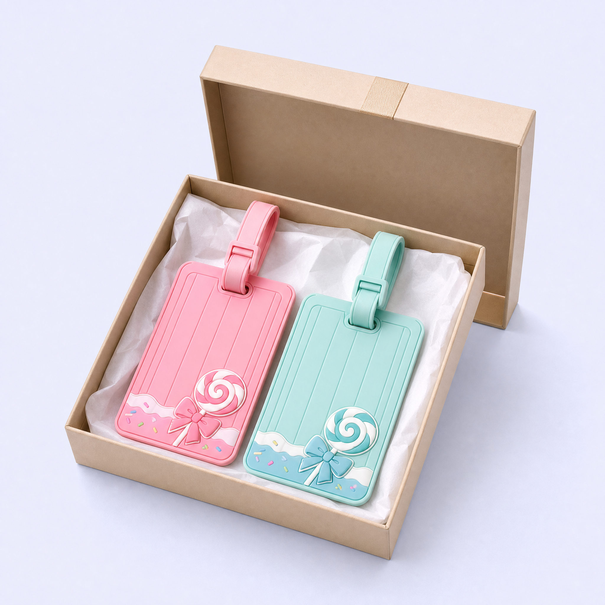 Custom 3D Soft PVC Sweet Kawaii Luggage Tags · Pastel Candy Stripe, Daisy & Rainbow Suitcase Identifiers Wholesale
