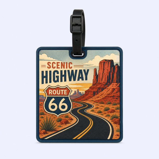 Custom 3D Soft PVC Route 66 Luggage Tags · American Scenic Highway & Desert Canyon Suitcase Identifiers Wholesale