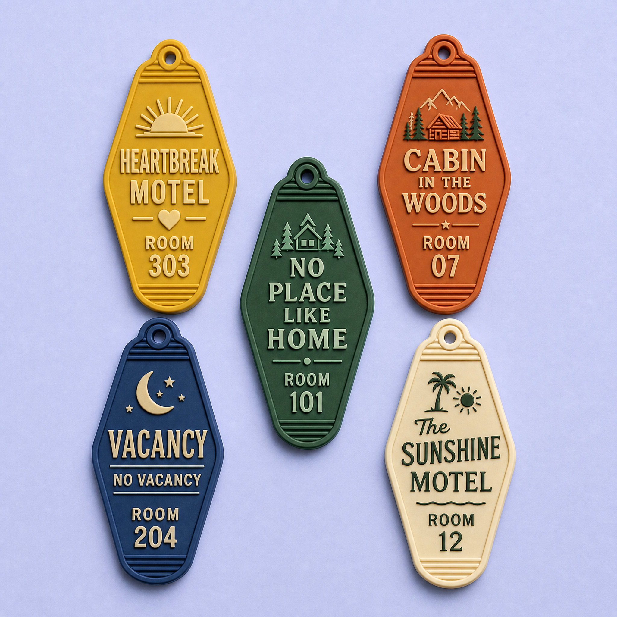 Custom 3D Soft PVC Vintage Motel Key Tag Magnets · Mid-Century Diamond Badge & Road Trip Souvenir Rubber Fridge Magnets Wholesale