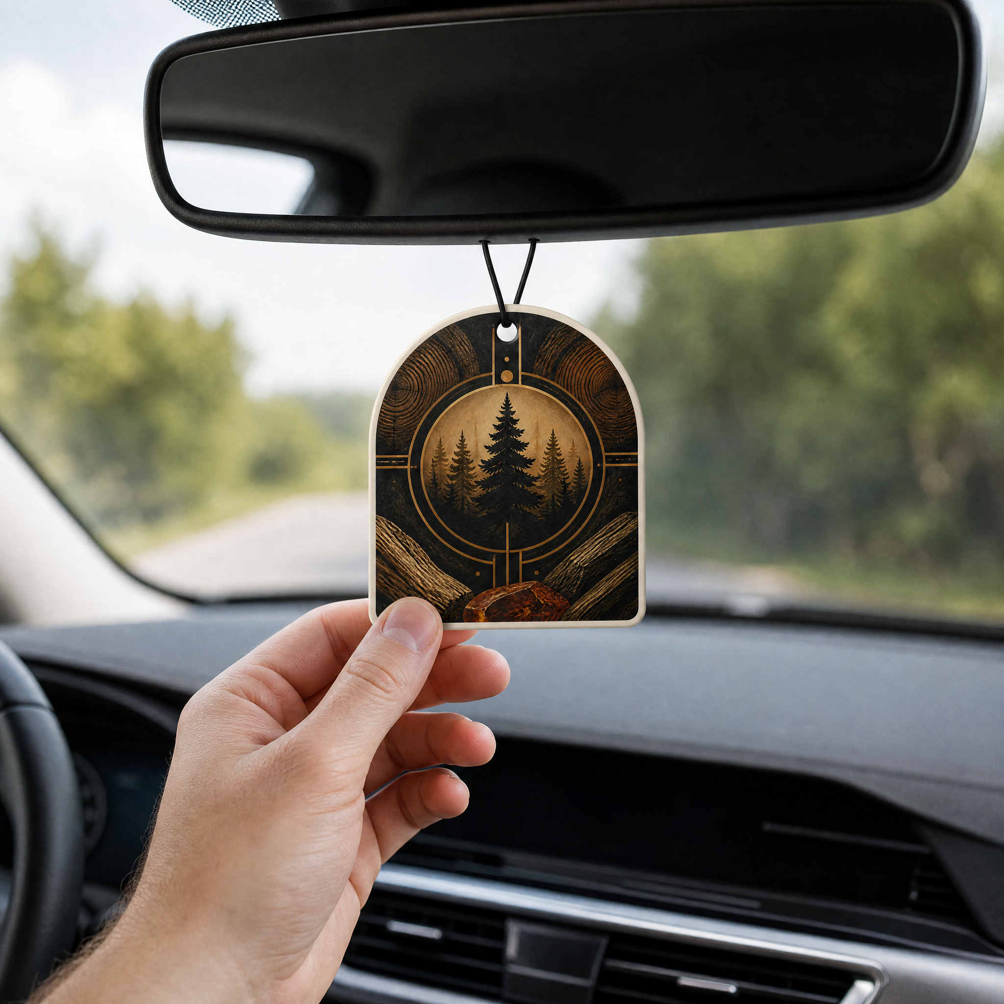 Custom Alpine Pine Forest Car Air Freshener Wholesale · Arched Woodgrain Cedarwood Scent Diffuser Hang Tag Manufacturer