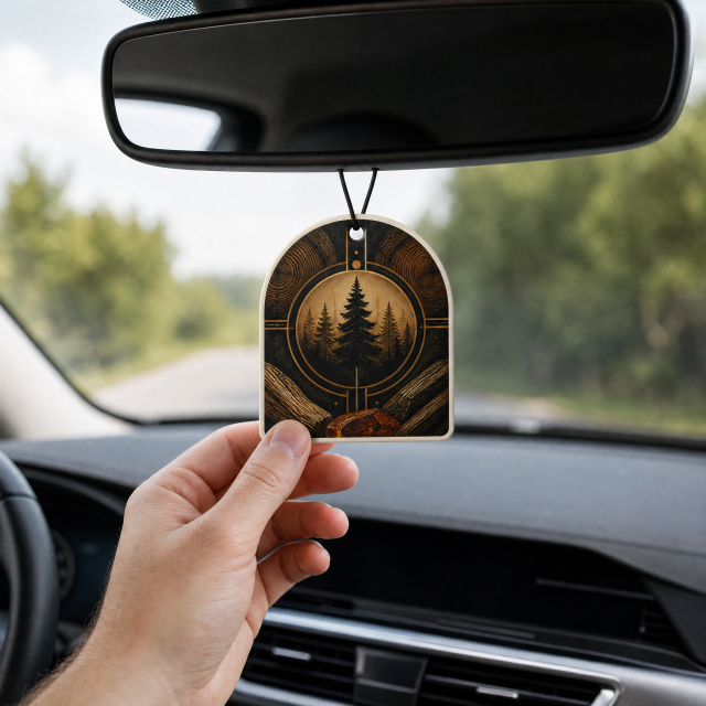 Custom Alpine Pine Forest Car Air Freshener Wholesale · Arched Woodgrain Cedarwood Scent Diffuser Hang Tag Manufacturer