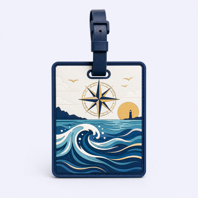 Custom 3D Soft PVC Nautical Compass Luggage Tags · Golden Compass Rose, Lighthouse & Ocean Wave Suitcase Identifiers Wholesale