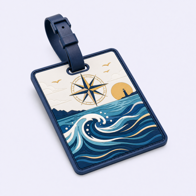 Custom 3D Soft PVC Nautical Compass Luggage Tags · Golden Compass Rose, Lighthouse & Ocean Wave Suitcase Identifiers Wholesale
