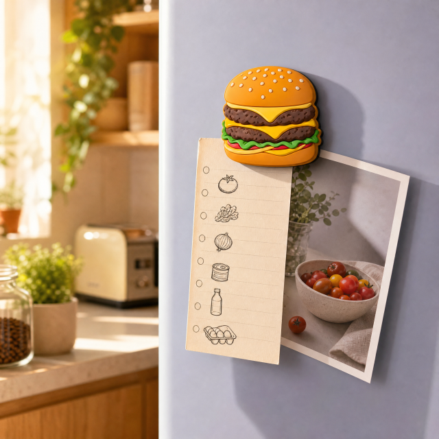Custom 3D Soft PVC Fast Food Fridge Magnets · Double Cheeseburger, Fries & Pizza Rubber Refrigerator Magnets Wholesale