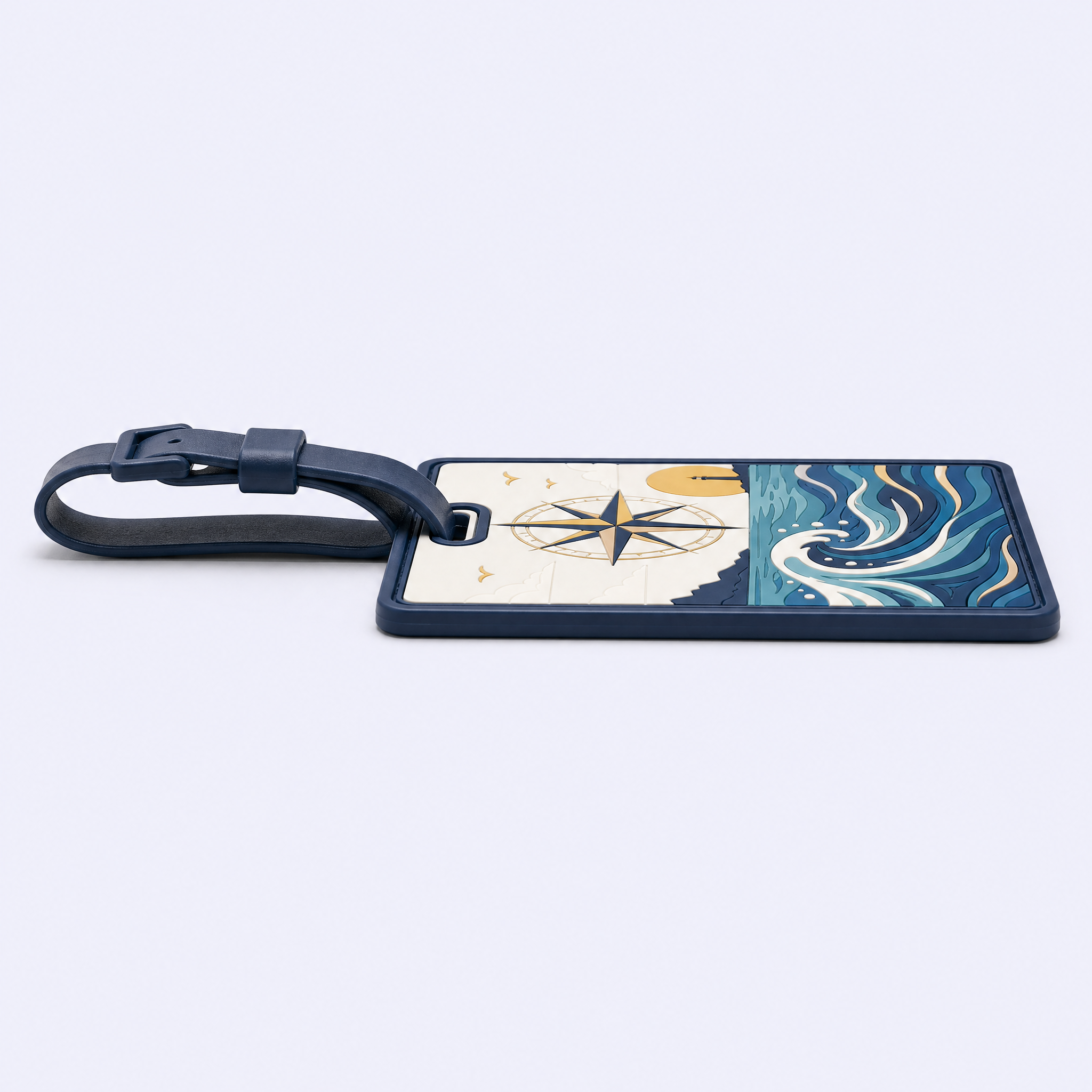 Custom 3D Soft PVC Nautical Compass Luggage Tags · Golden Compass Rose, Lighthouse & Ocean Wave Suitcase Identifiers Wholesale
