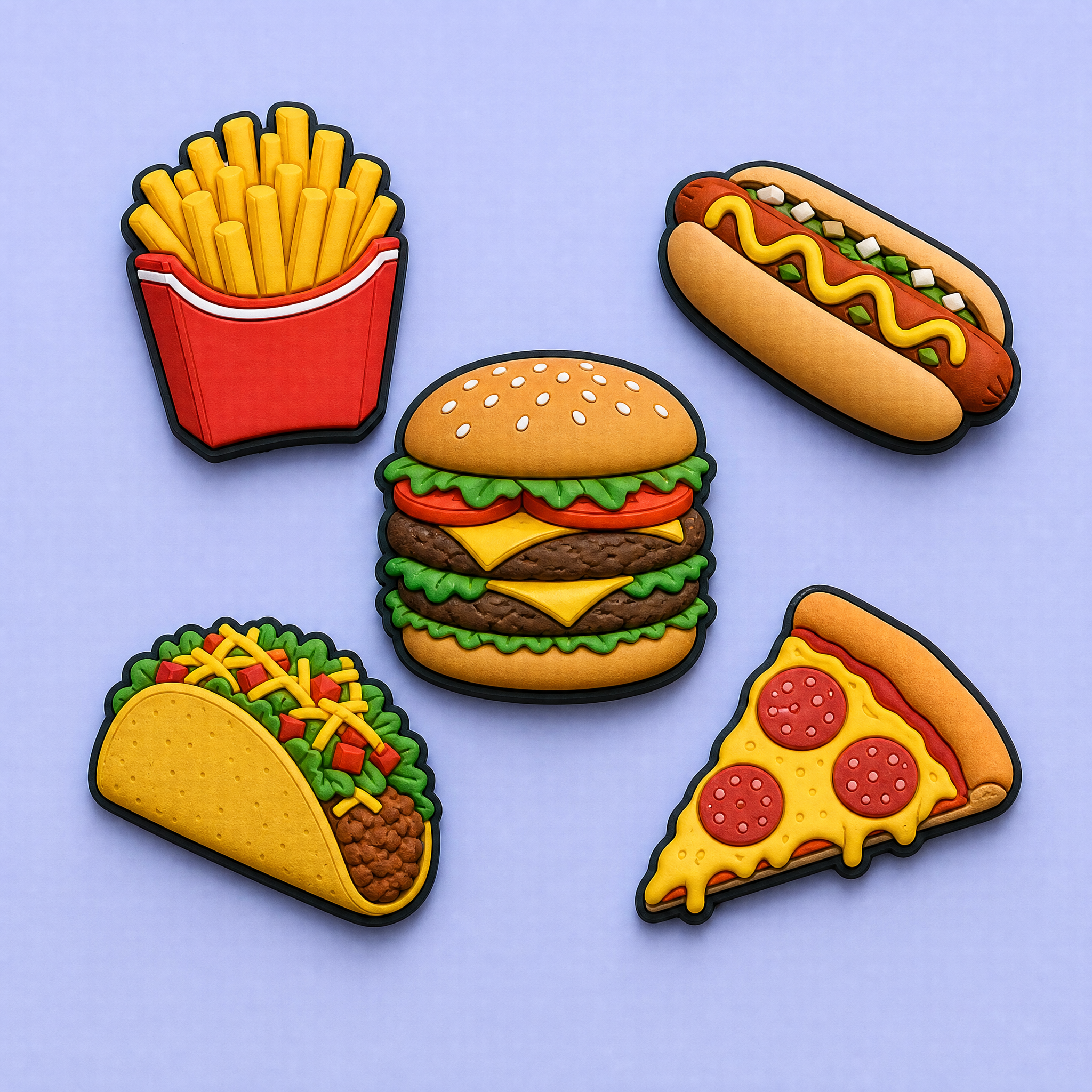 Custom 3D Soft PVC Fast Food Fridge Magnets · Double Cheeseburger, Fries & Pizza Rubber Refrigerator Magnets Wholesale