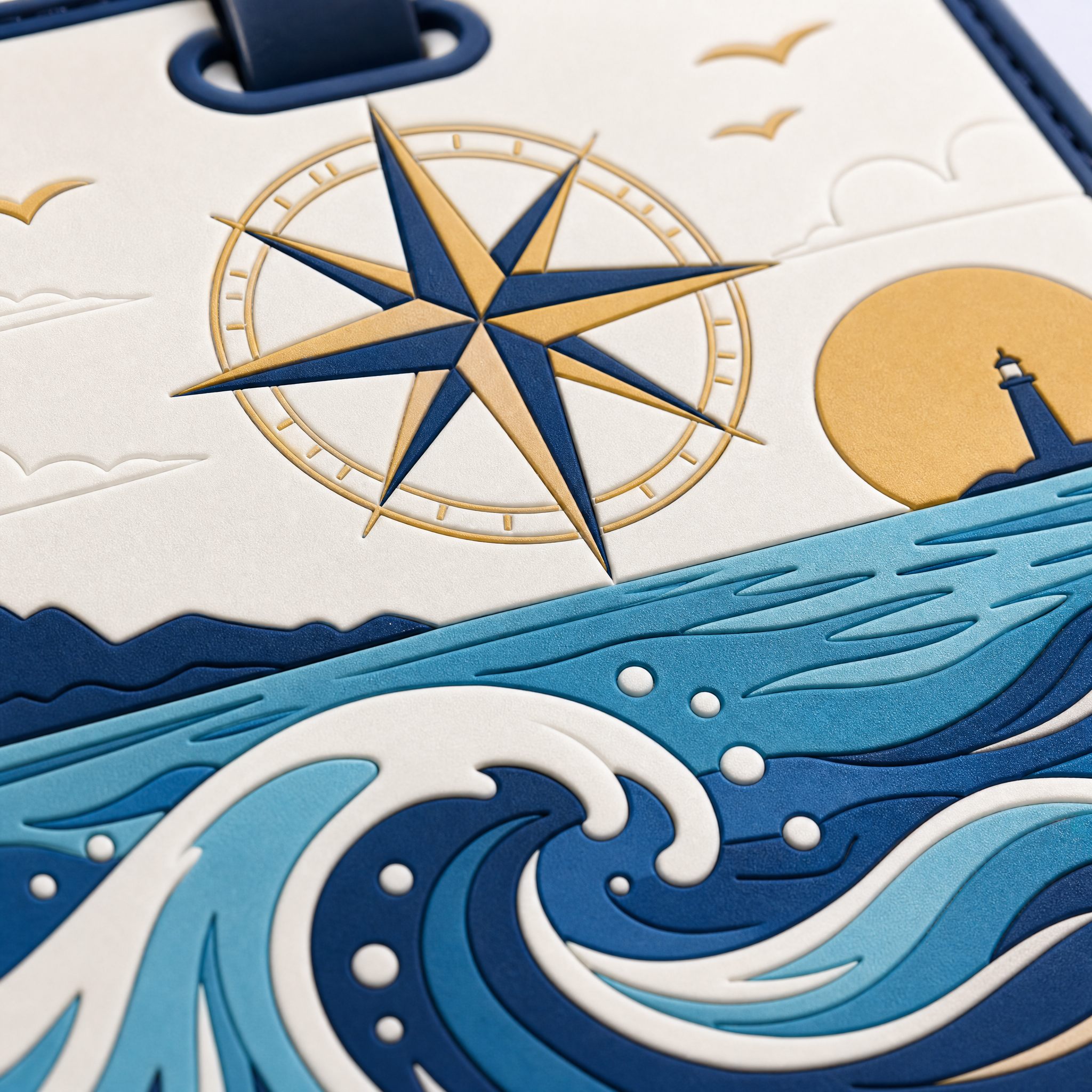 Custom 3D Soft PVC Nautical Compass Luggage Tags · Golden Compass Rose, Lighthouse & Ocean Wave Suitcase Identifiers Wholesale