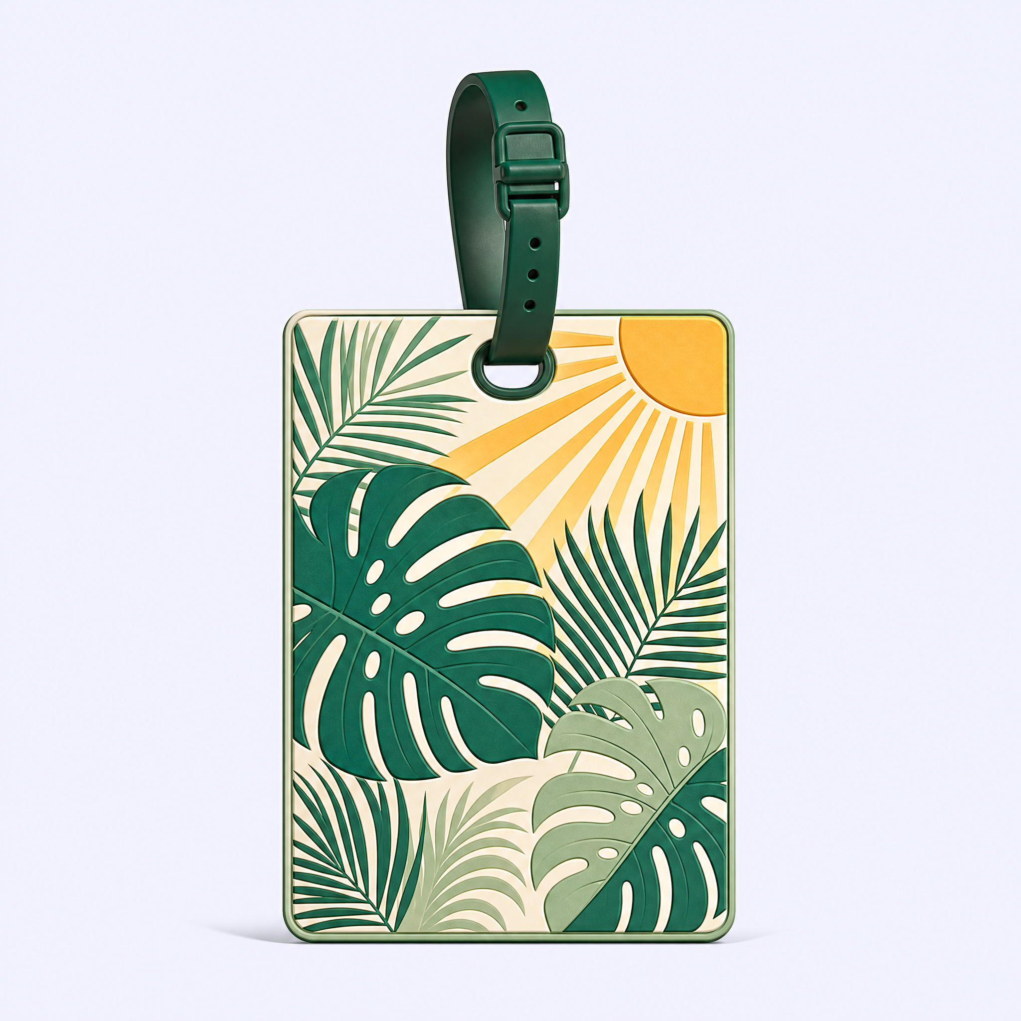 Custom 3D Soft PVC Tropical Botanical Luggage Tags · Monstera Leaf, Palm Frond & Sunrise Suitcase Identifiers Wholesale