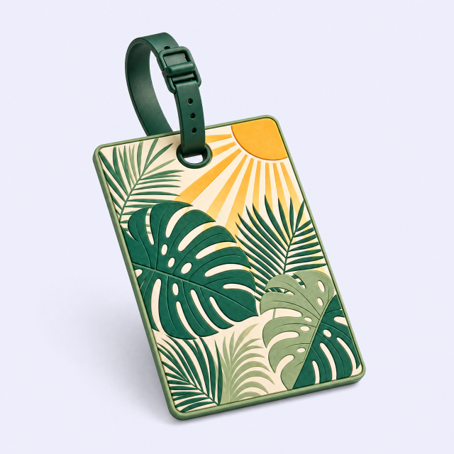 Custom 3D Soft PVC Tropical Botanical Luggage Tags · Monstera Leaf, Palm Frond & Sunrise Suitcase Identifiers Wholesale