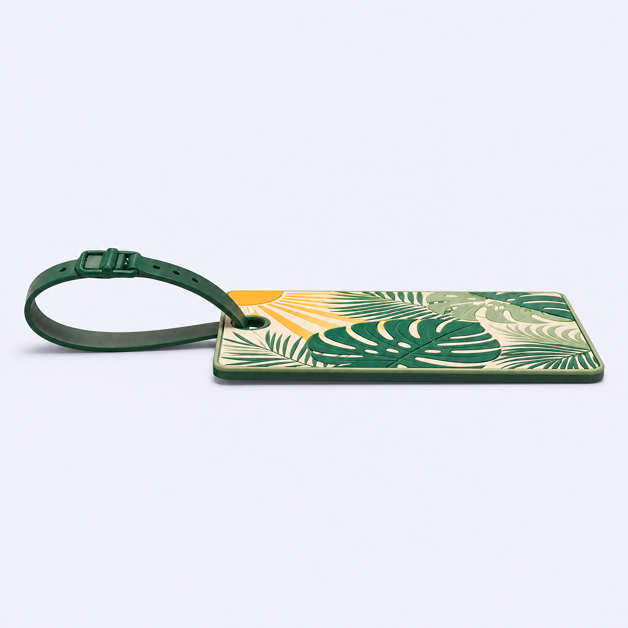 Custom 3D Soft PVC Tropical Botanical Luggage Tags · Monstera Leaf, Palm Frond & Sunrise Suitcase Identifiers Wholesale