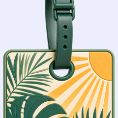 Custom 3D Soft PVC Tropical Botanical Luggage Tags · Monstera Leaf, Palm Frond & Sunrise Suitcase Identifiers Wholesale