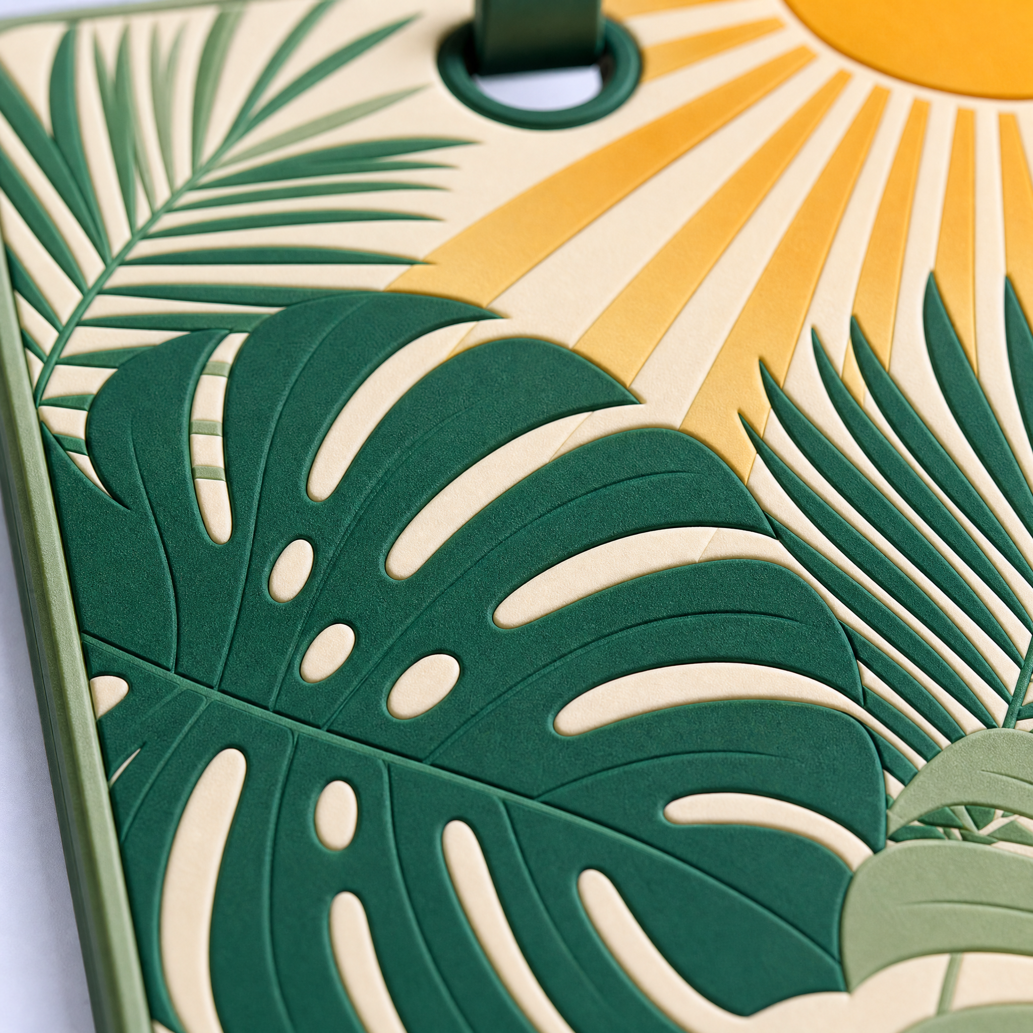 Custom 3D Soft PVC Tropical Botanical Luggage Tags · Monstera Leaf, Palm Frond & Sunrise Suitcase Identifiers Wholesale