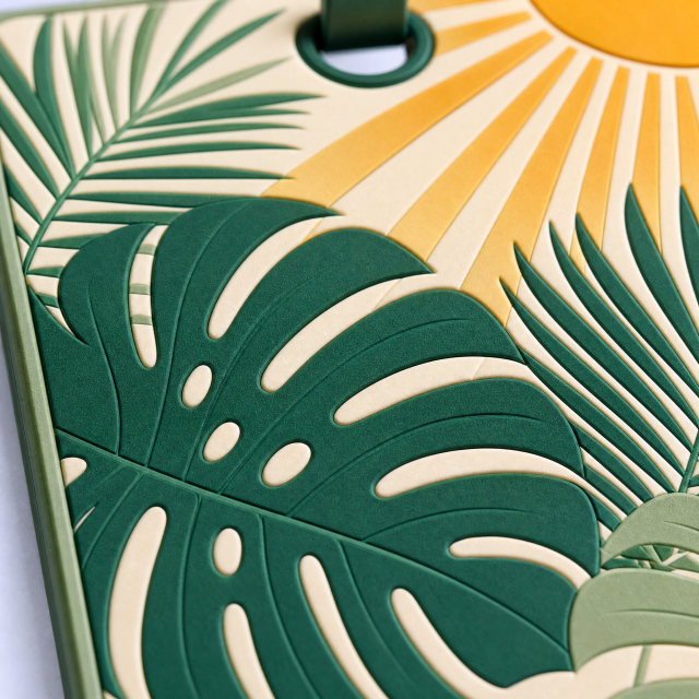 Custom 3D Soft PVC Tropical Botanical Luggage Tags · Monstera Leaf, Palm Frond & Sunrise Suitcase Identifiers Wholesale