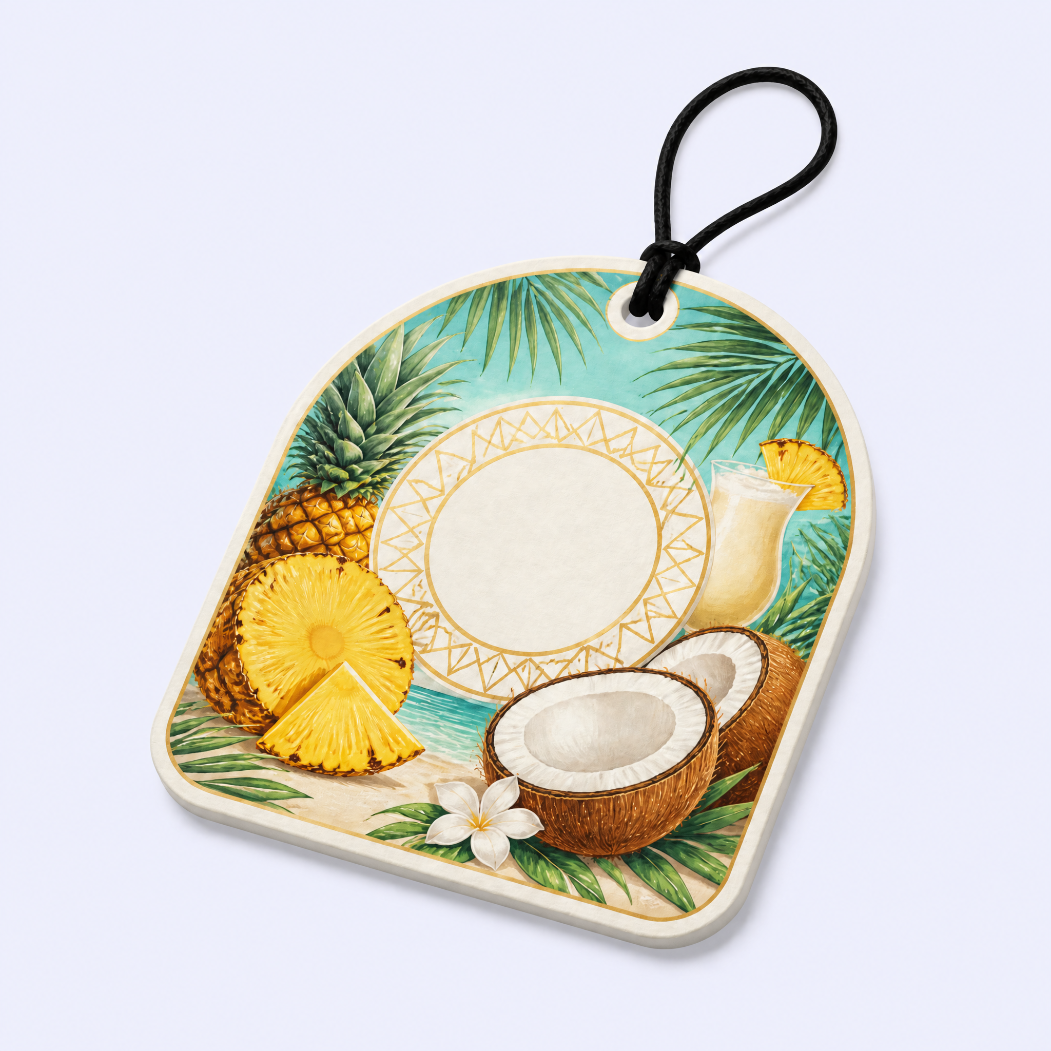 Custom Tropical Piña Colada Car Air Freshener Wholesale · Arched Coconut Pineapple Tiki Scent Diffuser Hang Tag Manufacturer