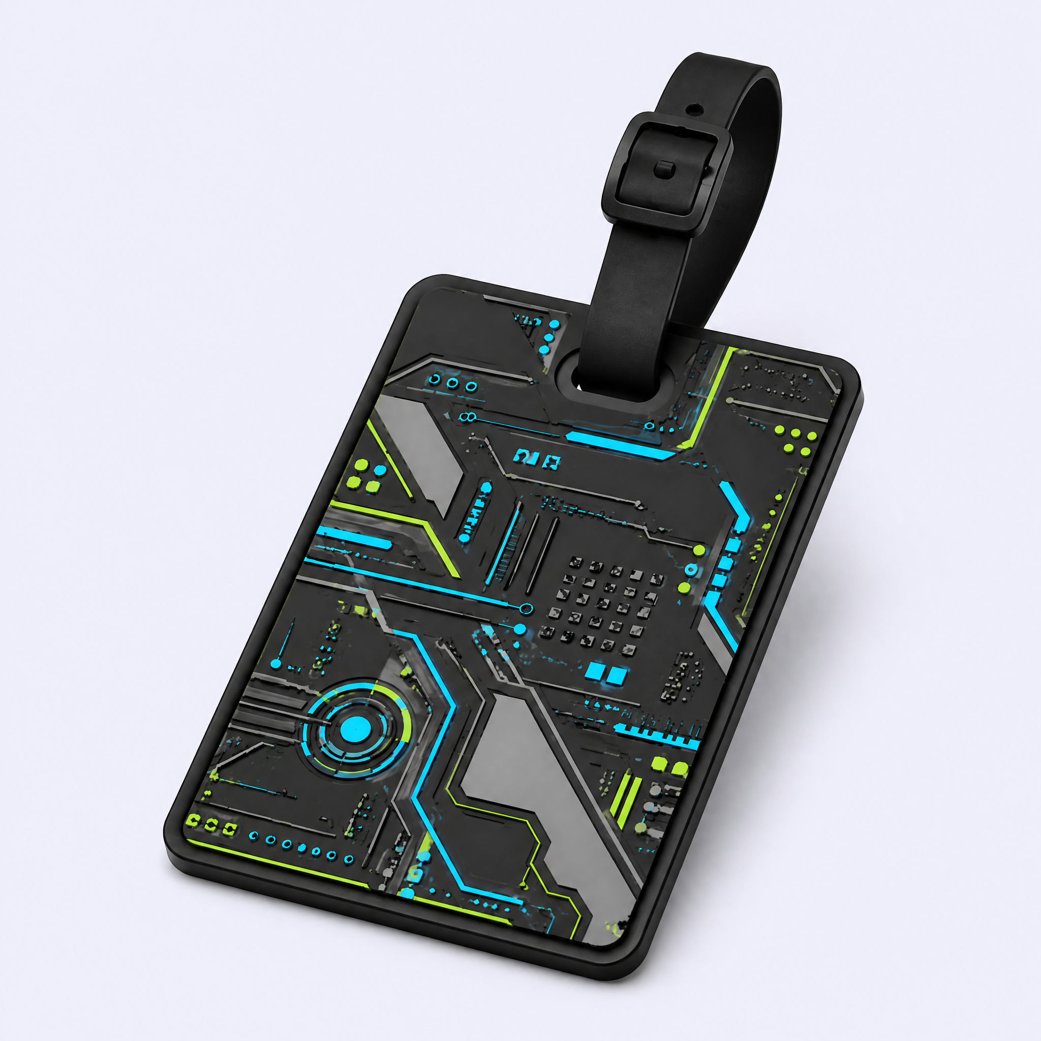 Custom 3D Soft PVC Cyberpunk Luggage Tags · Neon Circuit Board & Sci-Fi Mech Armor Suitcase Identifiers Wholesale