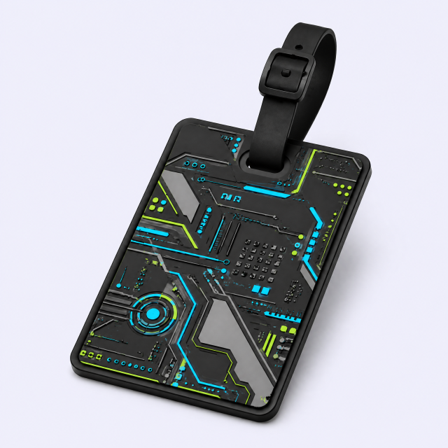 Custom 3D Soft PVC Cyberpunk Luggage Tags · Neon Circuit Board & Sci-Fi Mech Armor Suitcase Identifiers Wholesale
