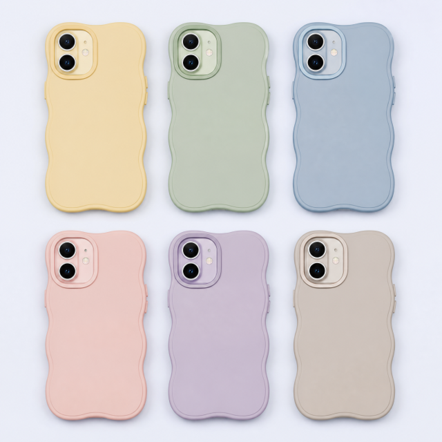 Custom Pastel Wavy Scalloped Liquid Silicone Phone Cases Wholesale · Ergonomic Grip Bumper & Aluminum Camera Bezel Cover Manufacturer