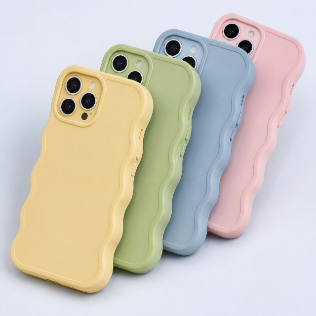 Custom Pastel Wavy Scalloped Liquid Silicone Phone Cases Wholesale · Ergonomic Grip Bumper & Aluminum Camera Bezel Cover Manufacturer