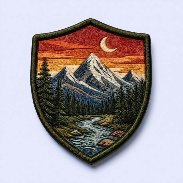 Custom Mountain Landscape Embroidered Patches Wholesale · Outdoor Hiking Adventure Iron-On Badge Manufacturer