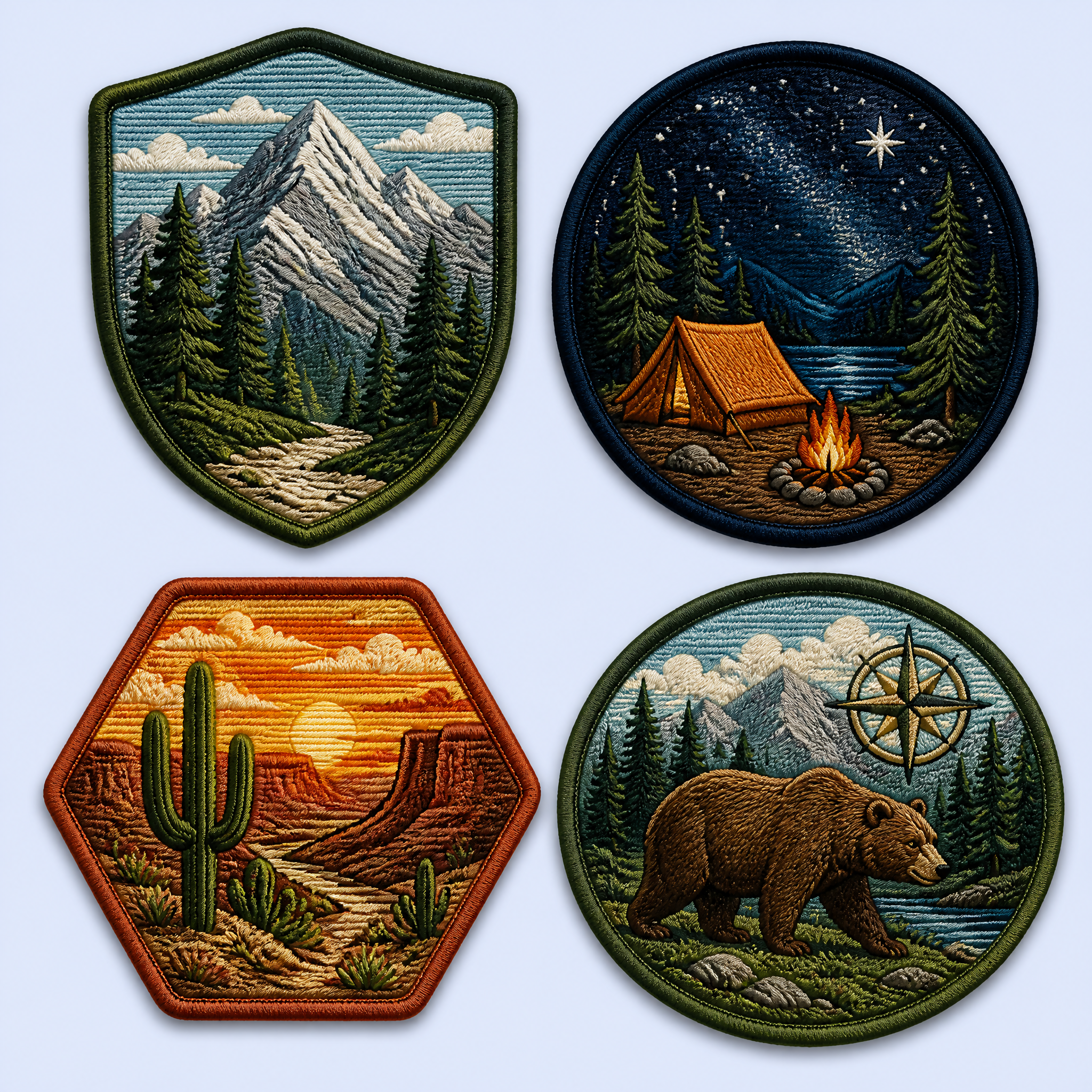 Custom Mountain Landscape Embroidered Patches Wholesale · Outdoor Hiking Adventure Iron-On Badge Manufacturer