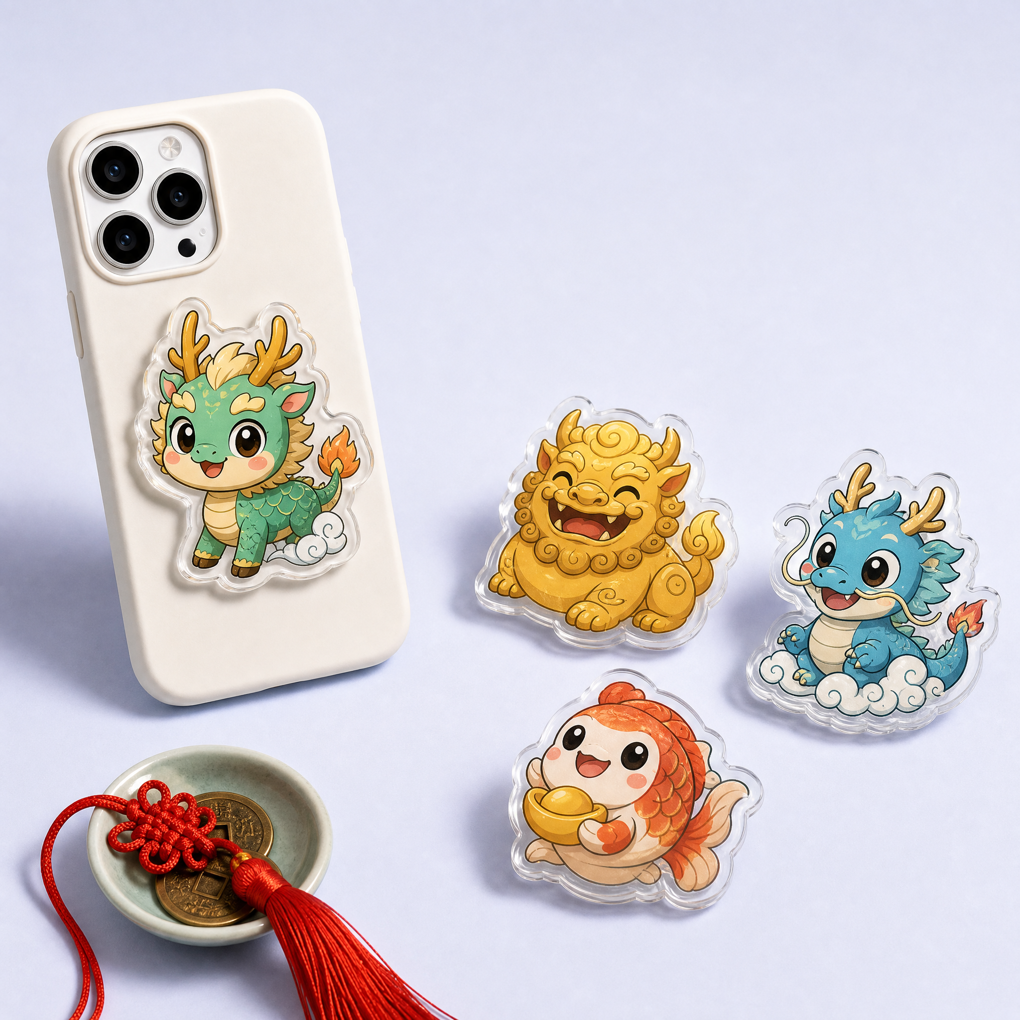 Custom Lucky Dragon & Mythological Beast Acrylic Phone Grip Wholesale · Auspicious Mascot MagSafe & Collapsible Griptok Manufacturer