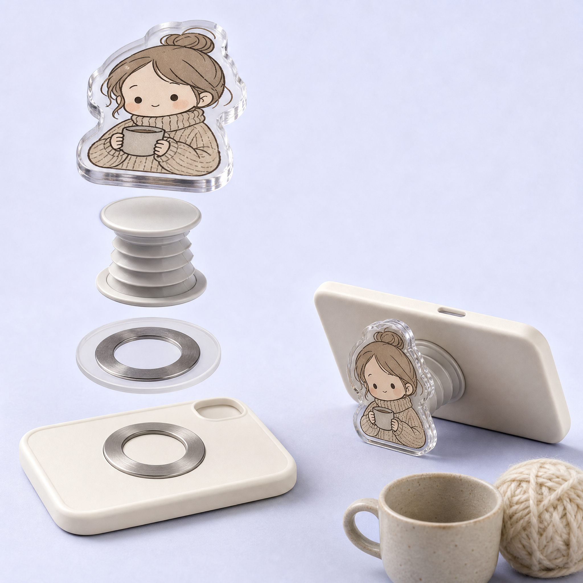 Custom Cozy Hygge Lifestyle Acrylic Phone Grip Wholesale · Healing Chibi Anime MagSafe & Collapsible Griptok Stand Manufacturer