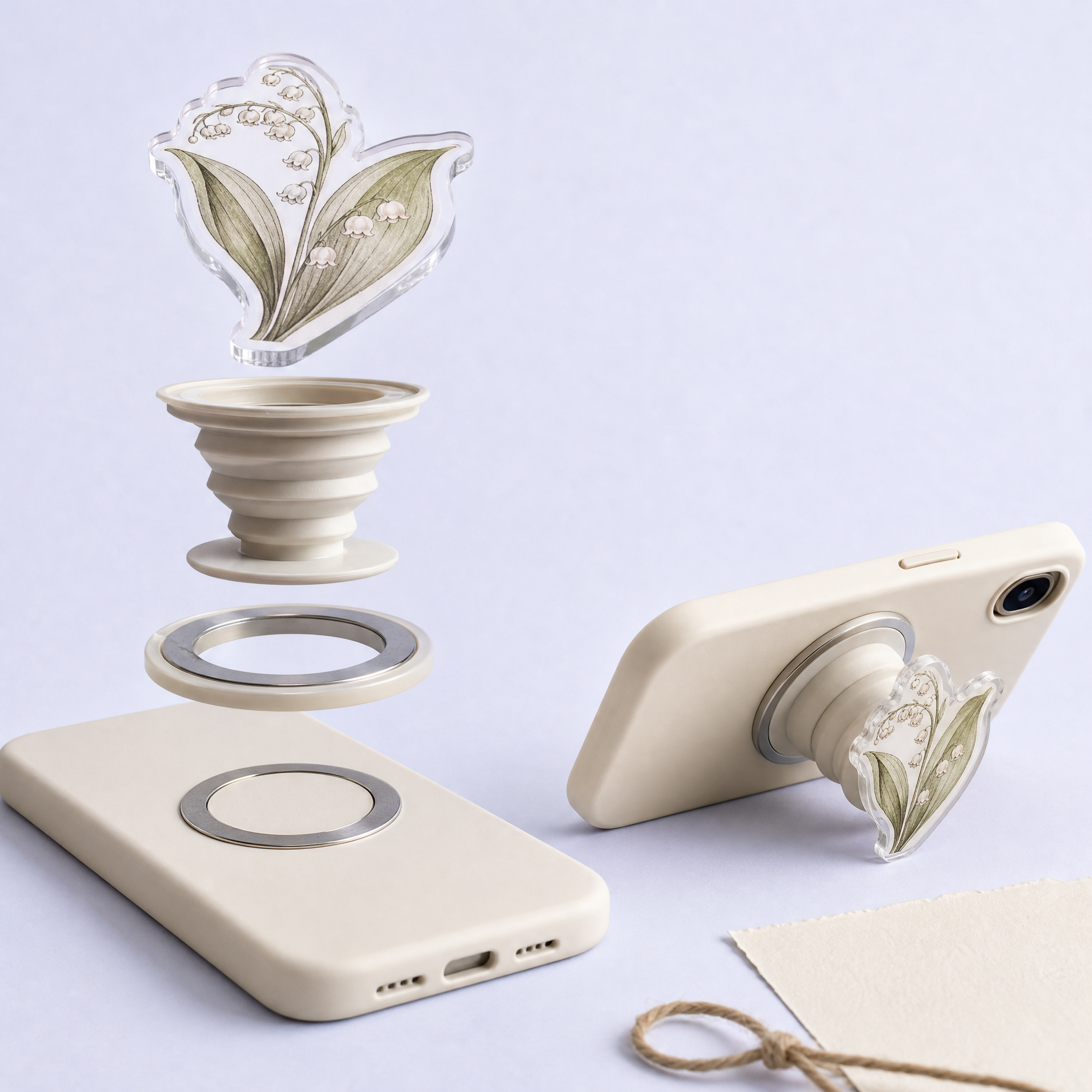 Custom Vintage Botanical Herbarium Acrylic Phone Grip Wholesale · Pressed Flower Lily of the Valley MagSafe Griptok Manufacturer