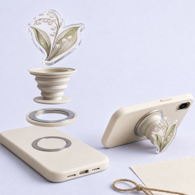 Custom Vintage Botanical Herbarium Acrylic Phone Grip Wholesale · Pressed Flower Lily of the Valley MagSafe Griptok Manufacturer