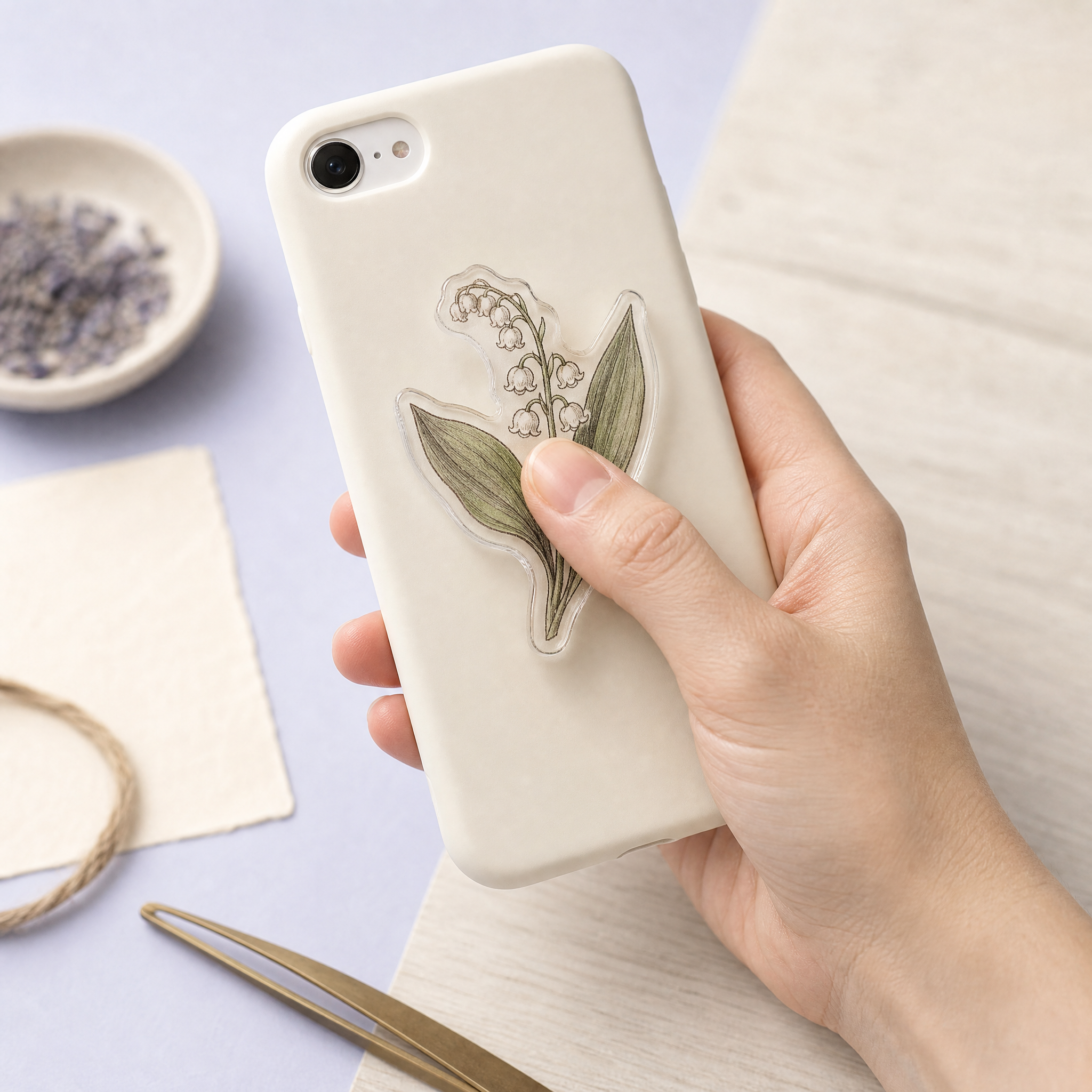 Custom Vintage Botanical Herbarium Acrylic Phone Grip Wholesale · Pressed Flower Lily of the Valley MagSafe Griptok Manufacturer