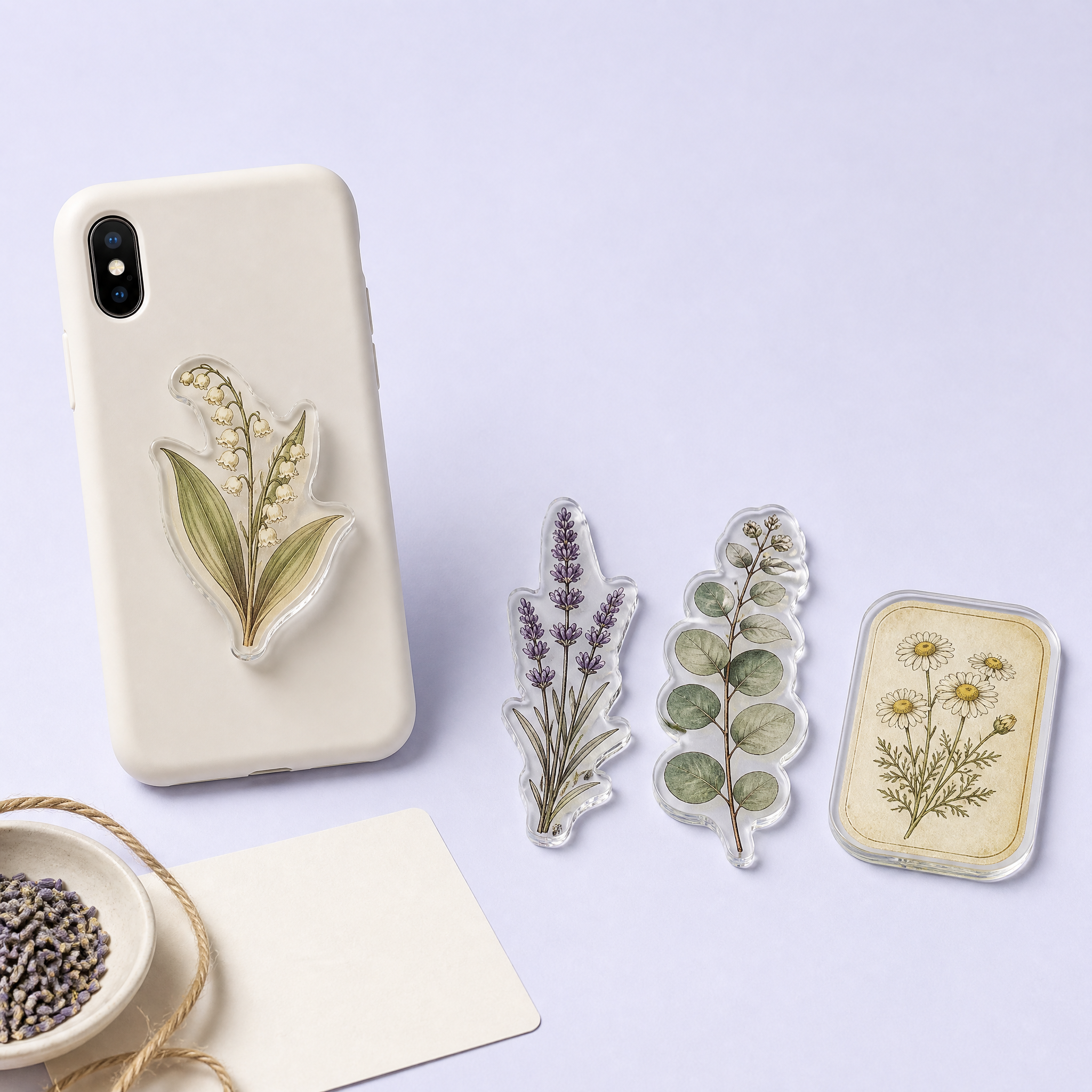 Custom Vintage Botanical Herbarium Acrylic Phone Grip Wholesale · Pressed Flower Lily of the Valley MagSafe Griptok Manufacturer