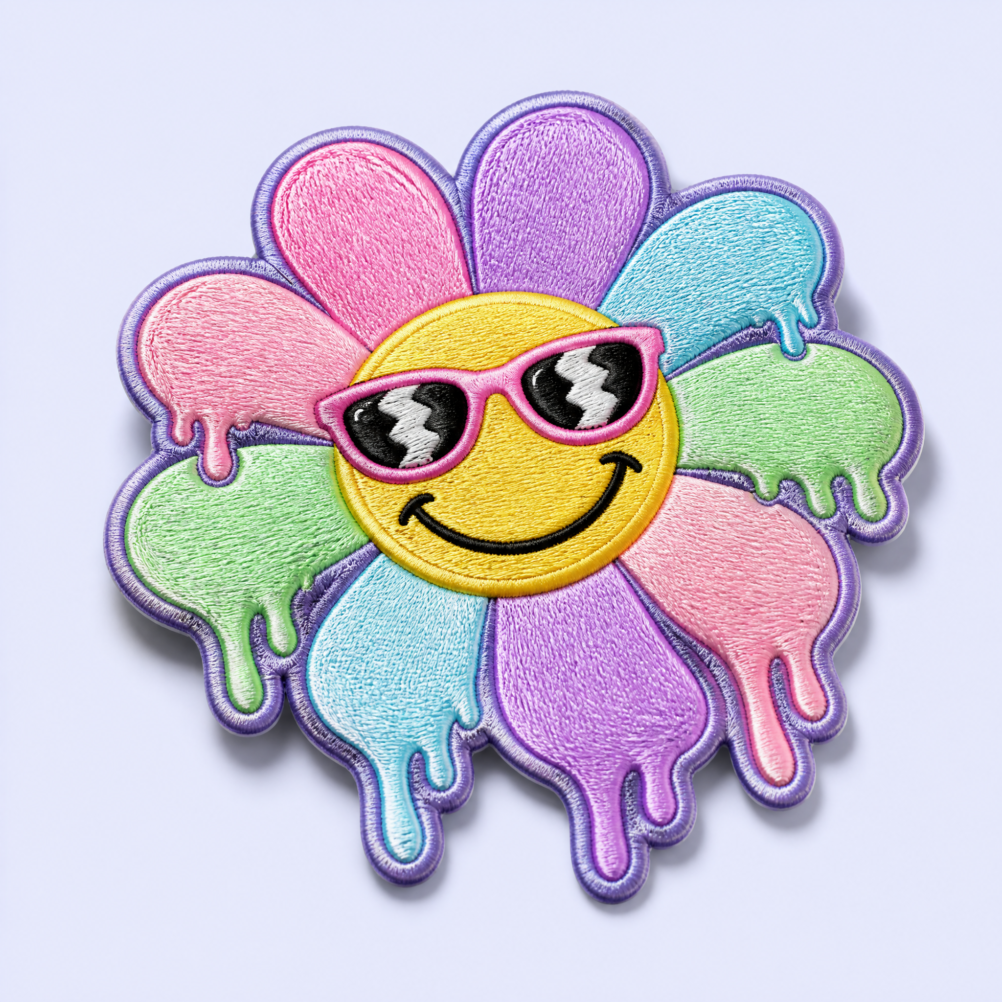 Custom Y2K Melting Rainbow Sunflower Patches Wholesale · Trippy Slime Smiley Flower Iron-On Badge Manufacturer