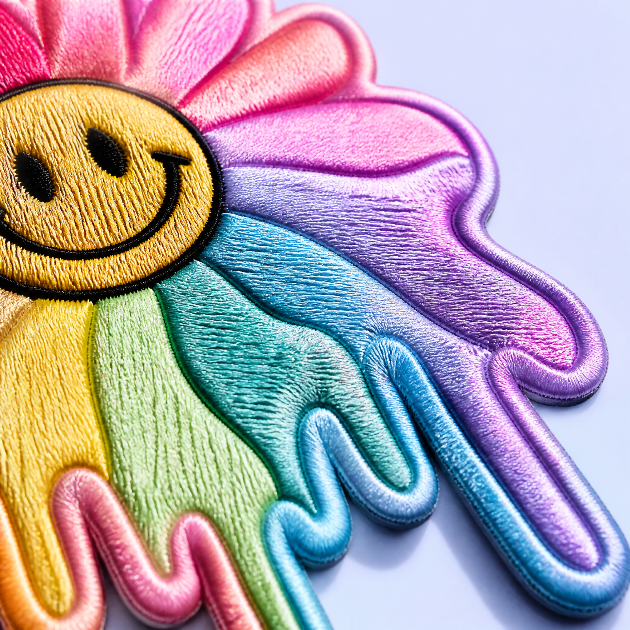Custom Y2K Melting Rainbow Sunflower Patches Wholesale · Trippy Slime Smiley Flower Iron-On Badge Manufacturer